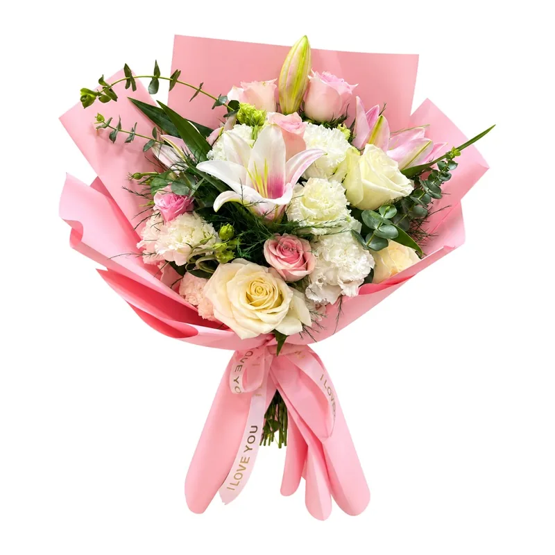 Beyaz Lilyum ve Pembe Gül Buketi