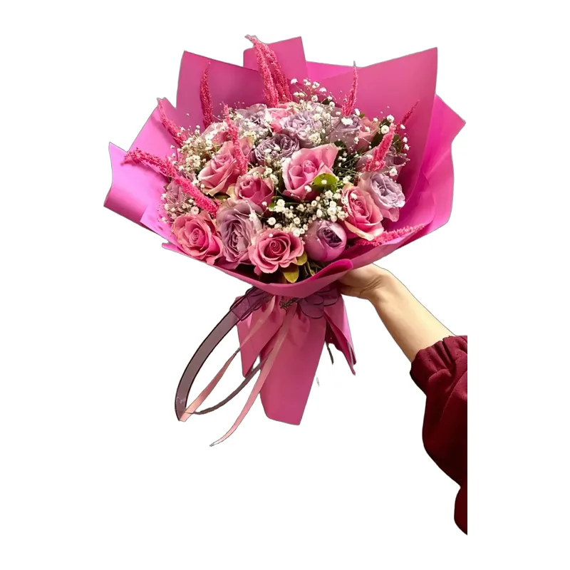 12 Pembe 12 Mor Gül ve Cipso Buketi