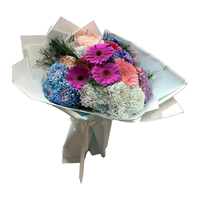 Fuşya Gerbera ve Mavi Papatya Buketi